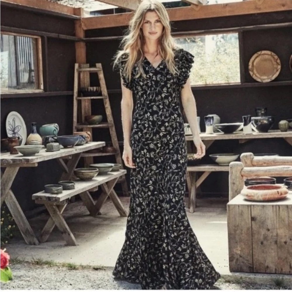 Doen Brindille Black Floral Scroll Maxi Bias Dress in Viscose